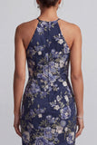 Marineblauwe bloemen halter hals zeemeermin lange moederjurk met ruches en ruches