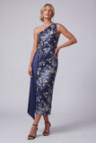 Eenschouder marineblauwe bloemenbodycon midi Mother of the Bride jurk met sjerp