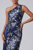 Eenschouder marineblauwe bloemenbodycon midi Mother of the Bride jurk met sjerp