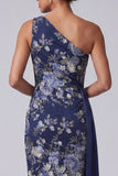 Eenschouder marineblauwe bloemenbodycon midi Mother of the Bride jurk met sjerp