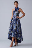A-Line marineblauwe bloemen halter halshals Jacquard hoog lage moeder van de bruid jurk