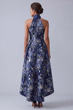 A-Line marineblauwe bloemen halter halshals Jacquard hoog lage moeder van de bruid jurk