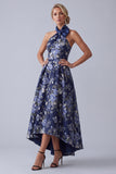 A-Line marineblauwe bloemen halter halshals Jacquard hoog lage moeder van de bruid jurk