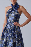 A-Line marineblauwe bloemen halter halshals Jacquard hoog lage moeder van de bruid jurk