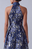 A-Line marineblauwe bloemen halter halshals Jacquard hoog lage moeder van de bruid jurk