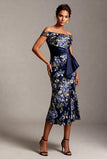 Off-the-shoulder zeemeermin marineblauw bloemenjacquard midi moeder van de bruid jurk met split