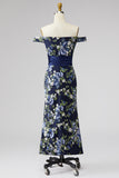 Off-the-shoulder zeemeermin marineblauw bloemenjacquard midi moeder van de bruid jurk met split