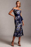 Off-the-shoulder zeemeermin marineblauw bloemenjacquard midi moeder van de bruid jurk met split
