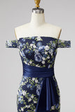 Off-the-shoulder zeemeermin marineblauw bloemenjacquard midi moeder van de bruid jurk met split
