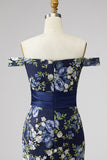 Off-the-shoulder zeemeermin marineblauw bloemenjacquard midi moeder van de bruid jurk met split