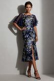 Zeemeermin marineblauw bloemen Jacquard Bateau hals midi Moeder van de Bruid jurk met split