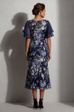 Zeemeermin marineblauw bloemen Jacquard Bateau hals midi Moeder van de Bruid jurk met split