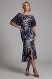 Zeemeermin marineblauw bloemen Jacquard Bateau hals midi Moeder van de Bruid jurk met split