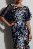 Zeemeermin marineblauw bloemen Jacquard Bateau hals midi Moeder van de Bruid jurk met split