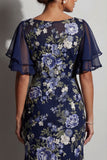 Zeemeermin marineblauw bloemen Jacquard Bateau hals midi Moeder van de Bruid jurk met split