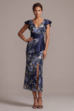 Zeemeermin marineblauwe bloemen V-hals Jacquard midi Moeder van de Bruid jurk met split