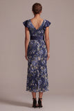 Zeemeermin marineblauwe bloemen V-hals Jacquard midi Moeder van de Bruid jurk met split