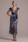 Zeemeermin marineblauwe bloemen V-hals Jacquard midi Moeder van de Bruid jurk met split
