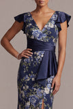 Zeemeermin marineblauwe bloemen V-hals Jacquard midi Moeder van de Bruid jurk met split
