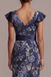 Zeemeermin marineblauwe bloemen V-hals Jacquard midi Moeder van de Bruid jurk met split
