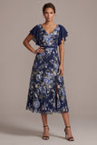 Marineblauwe A-lijn bloemen V-hals midi jurk Mother of the Bride met split