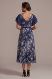 Marineblauwe A-lijn bloemen V-hals midi jurk Mother of the Bride met split