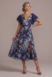 Marineblauwe A-lijn bloemen V-hals midi jurk Mother of the Bride met split