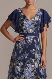 Marineblauwe A-lijn bloemen V-hals midi jurk Mother of the Bride met split
