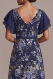 Marineblauwe A-lijn bloemen V-hals midi jurk Mother of the Bride met split