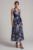 Marineblauwe A-lijn halter hals bloemen midi jurk Mother of the Bride jurk