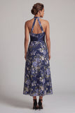 Marineblauwe A-lijn halter hals bloemen midi jurk Mother of the Bride jurk