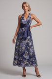 Marineblauwe A-lijn halter hals bloemen midi jurk Mother of the Bride jurk