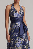 Marineblauwe A-lijn halter hals bloemen midi jurk Mother of the Bride jurk