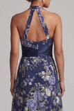 Marineblauwe A-lijn halter hals bloemen midi jurk Mother of the Bride jurk
