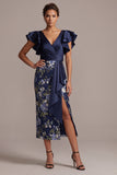 Marineblauwe bloemen bodycon V-hals geruffelde midi jurk Mother Of the Bride met split