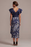 Marineblauwe bloemen bodycon V-hals geruffelde midi jurk Mother Of the Bride met split