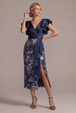 Marineblauwe bloemen bodycon V-hals geruffelde midi jurk Mother Of the Bride met split