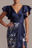 Marineblauwe bloemen bodycon V-hals geruffelde midi jurk Mother Of the Bride met split