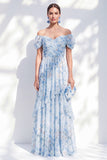 A-lijn blauwe off-the-shoulder chiffon bloemenjurk lange moeder van de bruid jurk