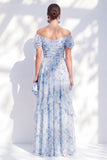 A-lijn blauwe off-the-shoulder chiffon bloemenjurk lange moeder van de bruid jurk