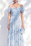 A-lijn blauwe off-the-shoulder chiffon bloemenjurk lange moeder van de bruid jurk