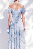 A-lijn blauwe off-the-shoulder chiffon bloemenjurk lange moeder van de bruid jurk