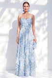 A-lijn blauwe chiffon bloemen spaghettibandjes gerimpeld lange moeder van de bruid jurk