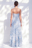 A-lijn blauwe chiffon bloemen spaghettibandjes gerimpeld lange moeder van de bruid jurk
