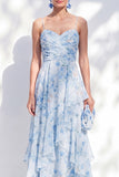 A-lijn blauwe chiffon bloemen spaghettibandjes gerimpeld lange moeder van de bruid jurk