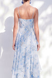 A-lijn blauwe chiffon bloemen spaghettibandjes gerimpeld lange moeder van de bruid jurk