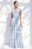 Chiffon A-lijn blauwe bloemenjurk met V-hals en gelaagde lange moeder van de bruid jurk met riem