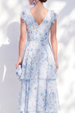 Chiffon A-lijn blauwe bloemenjurk met V-hals en gelaagde lange moeder van de bruid jurk met riem