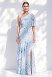 Chiffon zeemeerminblauw bloemen met één schouder geritselde lange moeder van de bruid jurk met split
