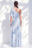 Chiffon zeemeerminblauw bloemen met één schouder geritselde lange moeder van de bruid jurk met split